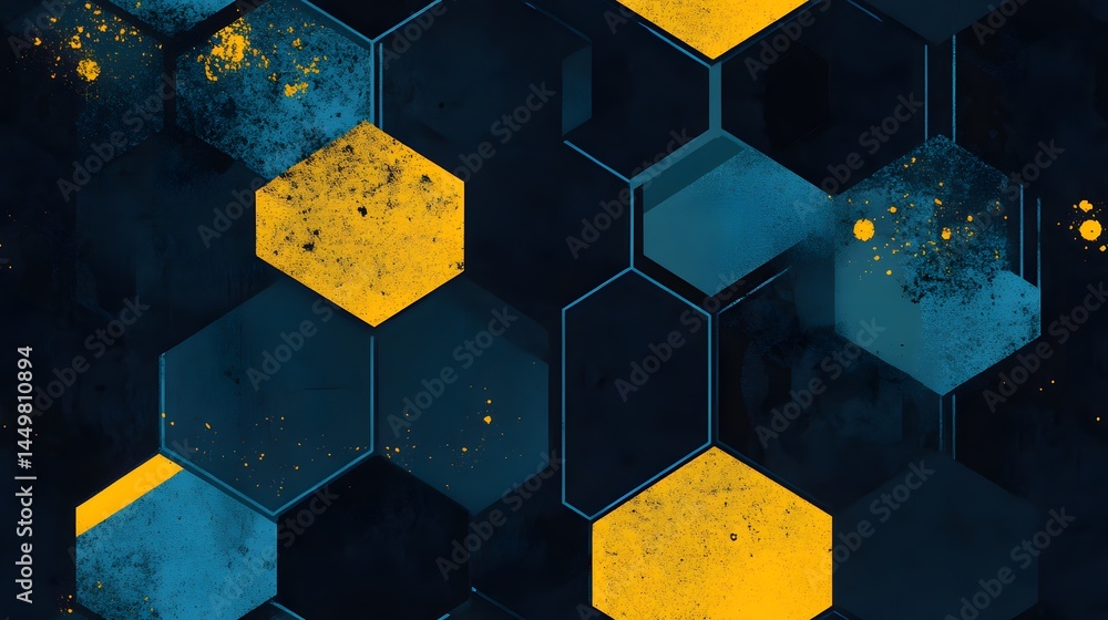 Poster abstract geometric pattern with hexagons and color splashes.
