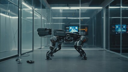 Robotic dog walking across lab floor with blinking sensors and smooth gait Exp