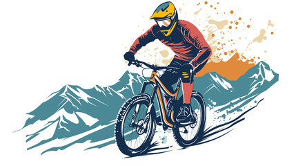 Fototapeta premium vector design for t-shirt of A mountain biker in gear, riding down an alpine trail with mountains behind him., isolated on white, 2d clip art. Outdoors healthy lifestyle, sports activity.