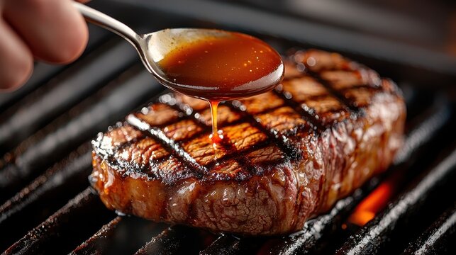 Demi glace sauce streaming from silver spoon onto premium grilled steak with cross-hatch marks, restaurant-quality presentation showing sauce's viscosity and deep color