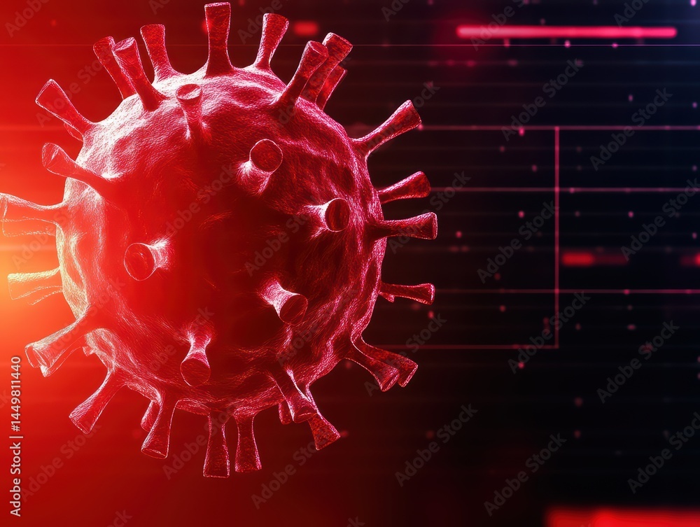 Poster close-up view of corona virus on futuristic background with red hues and digital elements