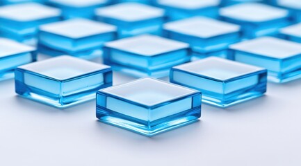 Abstract pattern of many light-blue square blocks on a white background. Detailed close-up view of the blocks, showing their facets and reflective surfaces