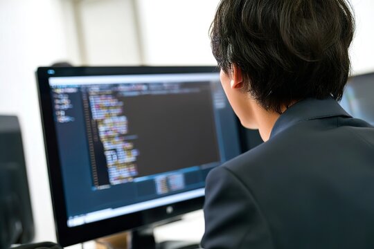 A young Japanese male programmer is working on a computer, seen from behind in an office