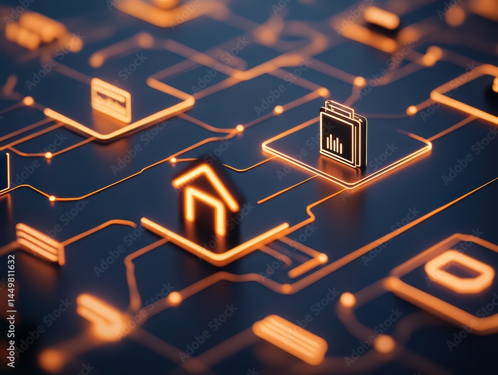 Poster futuristic digital network concept with glowing home icon and data storage visuals in an abstract ba