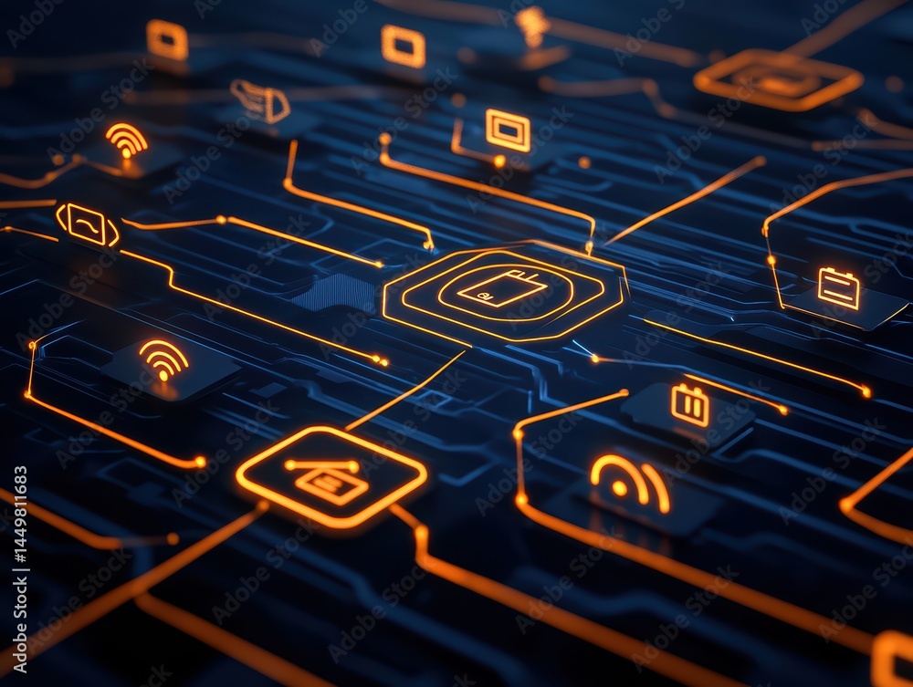 Poster abstract network graphic with glowing icons and circuit patterns for digital technology concepts