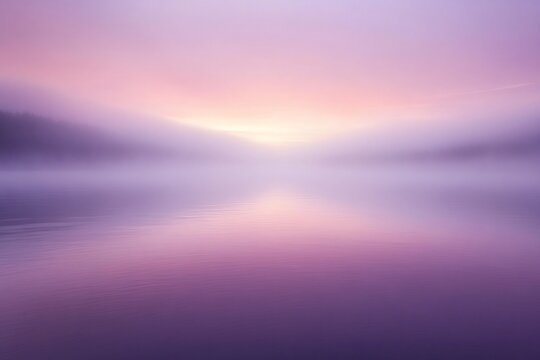 Dense fog rolling over quiet lake with misty reflections gradient sky transitioning from light peach to deep purple subtle light piercing through clouds surreal and tranquil