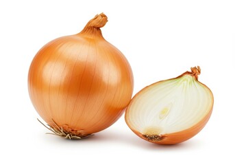 Fototapeta premium Whole yellow onion and a half onion displayed on a white surface in a studio shot