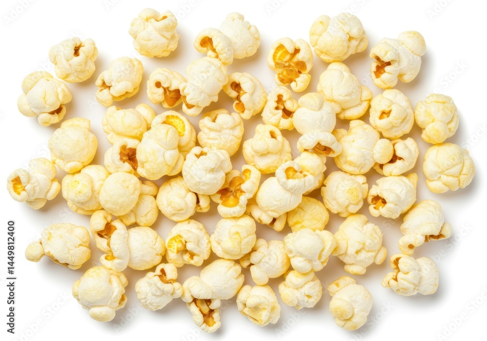 Poster scattered popcorn kernels on a white surface, viewed from above in a high-angle shot, creating a tex