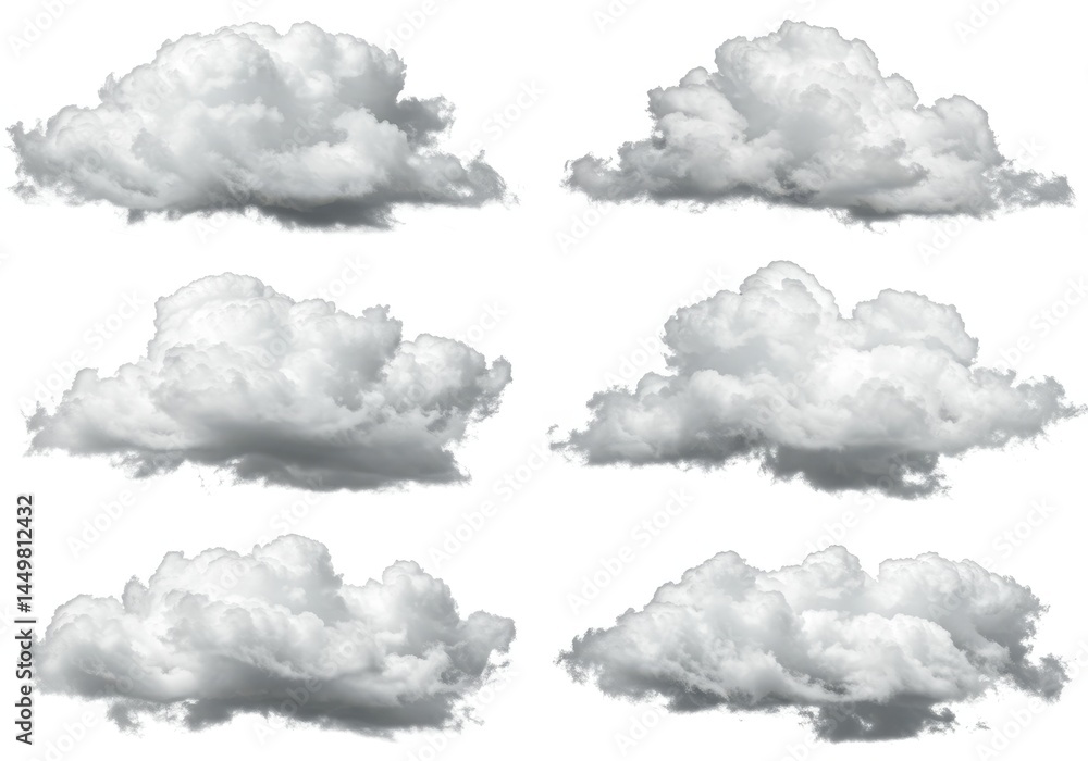 Poster six fluffy white clouds in varying shapes and sizes float against a clean white background, isolated