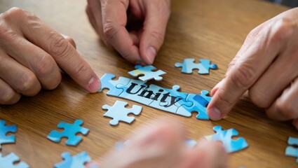 Multiple hands assemble a light blue puzzle spelling 'Unity' on a wooden table-a powerful visual metaphor for teamwork, collaboration, and shared purpose in warm harmony