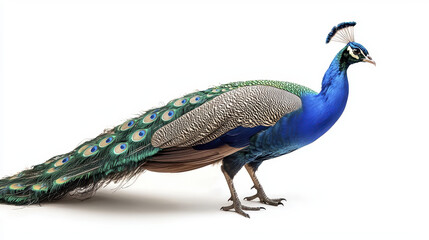Obraz premium stunning peacock displaying its vibrant plumage, showcasing mix of blue and green feathers with intricate patterns. This majestic bird stands