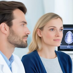 Naklejka premium Medical Consultation with Female Patient and Male Doctor in Modern Clinic Setting Focused on Health and Wellness