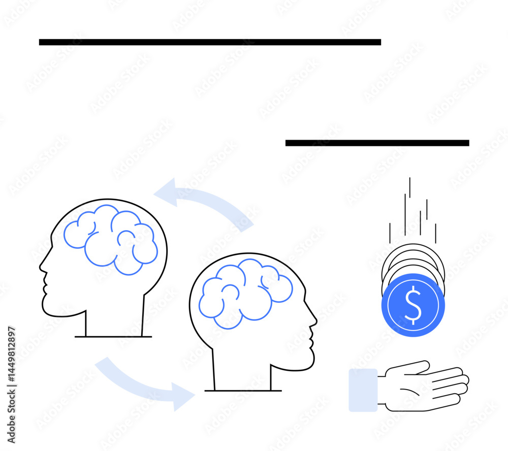 Aufkleber two brains linked by arrows representing idea exchange, paired with coins falling into an outstretch