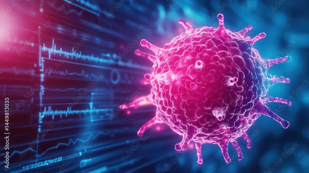 Poster detailed visualization of a colorful virus structure with digital background for scientific applicat