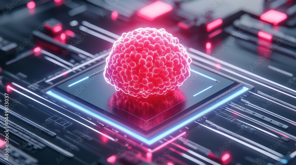 Poster futuristic concept of a digital virus on a circuit board with neon elements and data flow visualizat