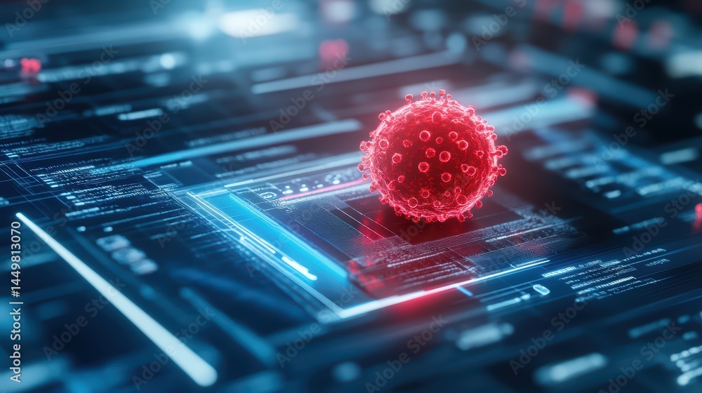 Poster digital representation of virus on futuristic technology background showcasing data and scientific r