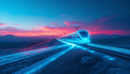 Futuristic Hydrogen Train Amidst Iridescent Sky Landscape, Ethereal Shadows