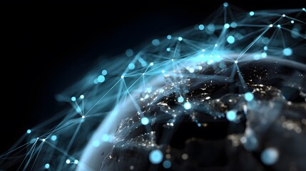 A glowing earth with a network of blue dots and lines connecting over a dark background space view