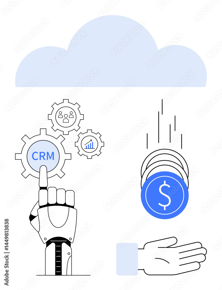 Poster robotic hand pressing crm gear below cloud with analytics and team icons, coins dropping into hand. 