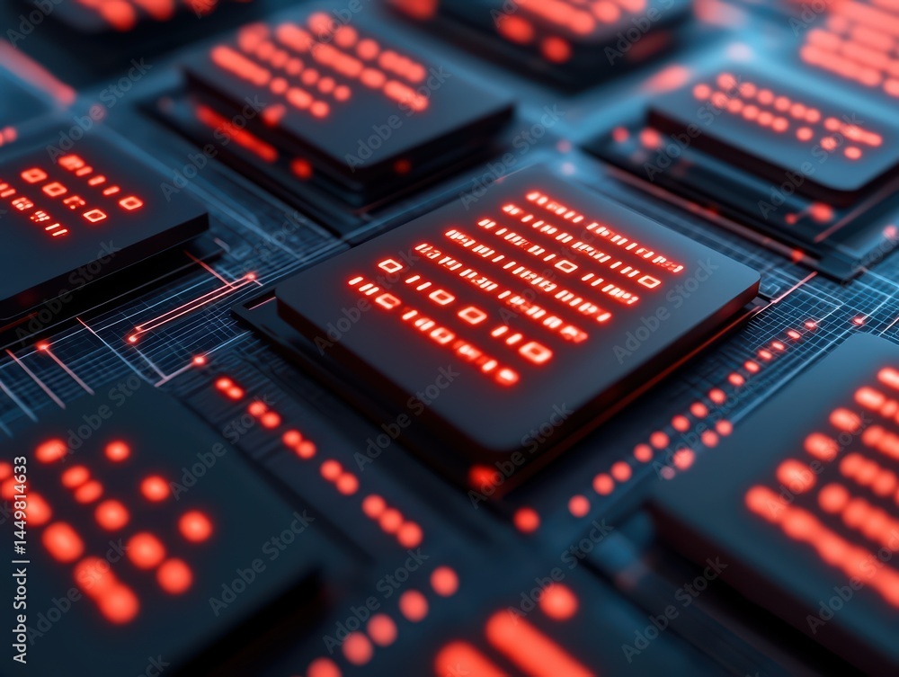 Poster abstract digital circuit background with red lights and microchips for technology and data visualiza