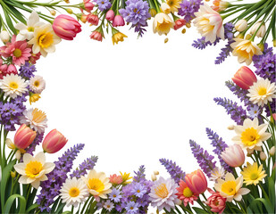 Fototapeta premium Vibrant Floral Frame PNG, Transparent Bloom Border Arrangement, Botanical Summer Overlay, Colorful Flower Illustration with Tulips, Daffodils, Hyacinths for Spring Card Designs
