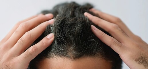 Fototapeta premium Close-up of hands massaging the head, showing signs of hair loss and grey strands on a man's dark