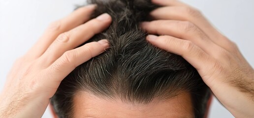 Fototapeta premium Close-up of hands massaging the head, showing signs of hair loss and grey strands on a man's dark