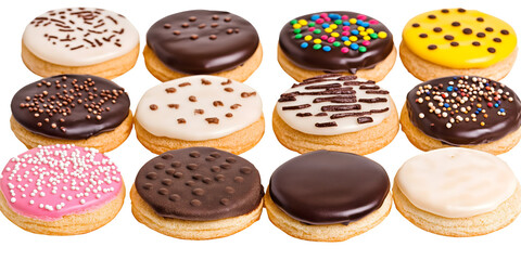 assorted colorful donuts with toppings arranged in rows isolated png transparent cutout