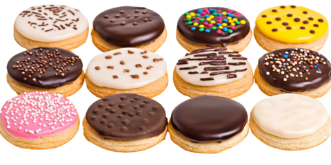 assorted colorful donuts with toppings arranged in rows isolated png transparent cutout