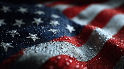 Close-up of water droplets on an American flag. The red, white, and blue colors are vibrant, and the stars and stripes are clearly visible.