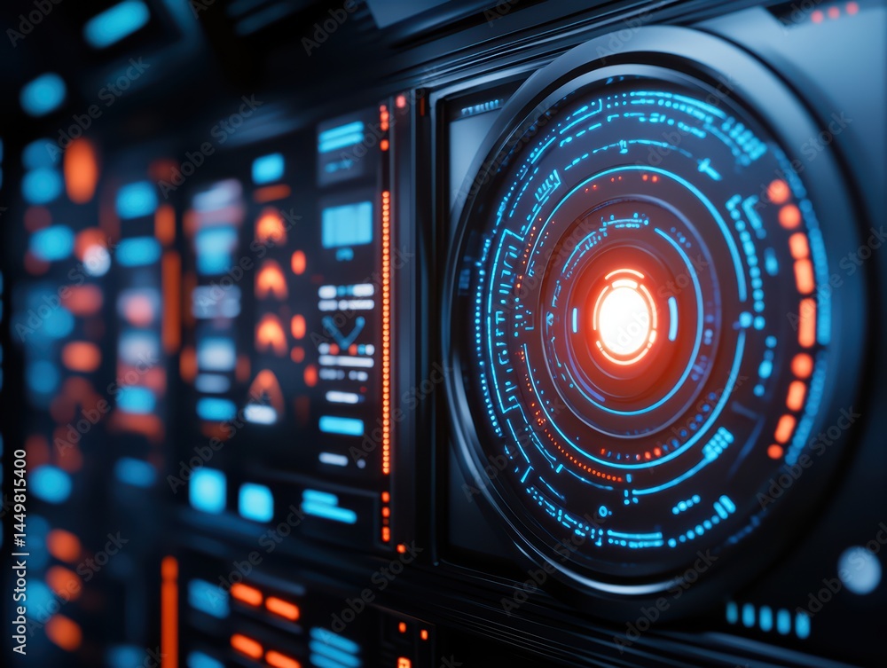 Poster futuristic digital interface with glowing circular patterns and intricate data visualizations in a d