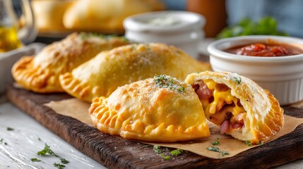 Golden empanadas on a wooden board with dipping sauces and fresh herbs for a delicious appetizer