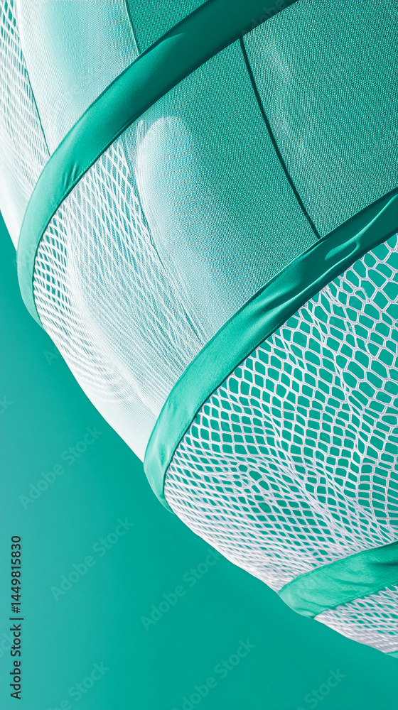 Poster Close-up of teal fabric and white mesh texture, creating a patterned appearance.  Shows a detail of netting and fabric, ideal for design or textile backgrounds