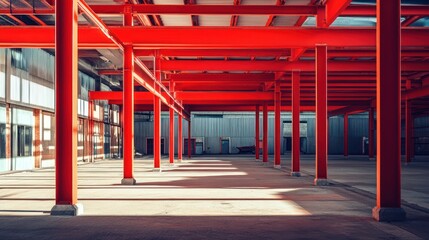 Industrial interior structure with red support beams.
