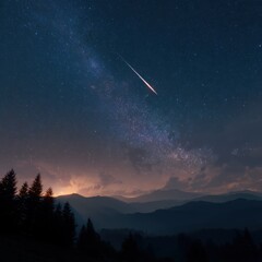 Captivating Night Sky Filled with Twinkling Stars and a Bright Shooting Comet Illuminating the Dark Horizon in a Tranquil Celestial Scene