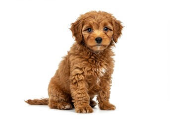 Adorable brown goldendoodle puppy sitting attentively on a white background looking at the camera
