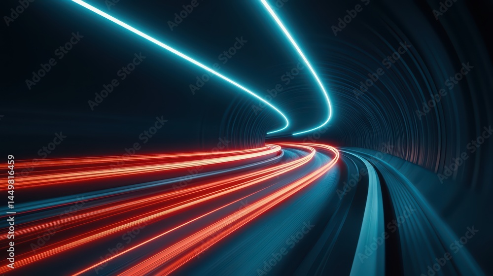 Poster dynamic light trails in a dark tunnel creating an energetic motion effect with blue and red colors