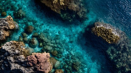 Obraz premium Aerial view of clear turquoise water surrounding rocky outcrops along the coastline landscape