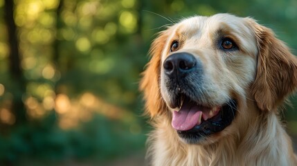 Close up of a golden retriever with its tongue out in a blurry green background on a sunny day
