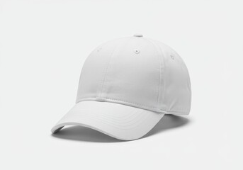 Fototapeta premium A plain white baseball cap sits on a white surface in a studio setting with soft lighting