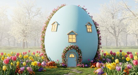 Giant Easter Egg House with Little Windows and Flowers