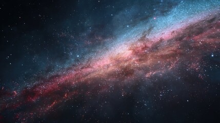 Naklejka premium A breathtaking view of a nebula, showcasing a vibrant mix of pink, red, and blue hues against a backdrop of countless stars.