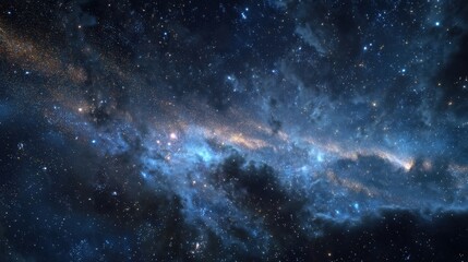 A breathtaking view of a nebula, swirling cosmic dust and gas in a symphony of blues and golds, scattered with countless stars.