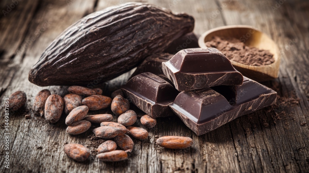 Aufkleber cocoa beans and chocolate blocks rustic setup