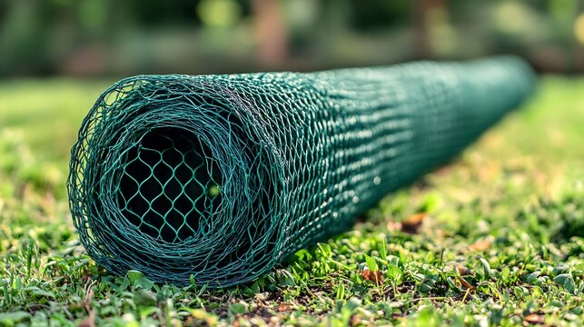 Rolled Green Metal Wire Mesh Fencing Material on Outdoor Grass Lawn Close Up