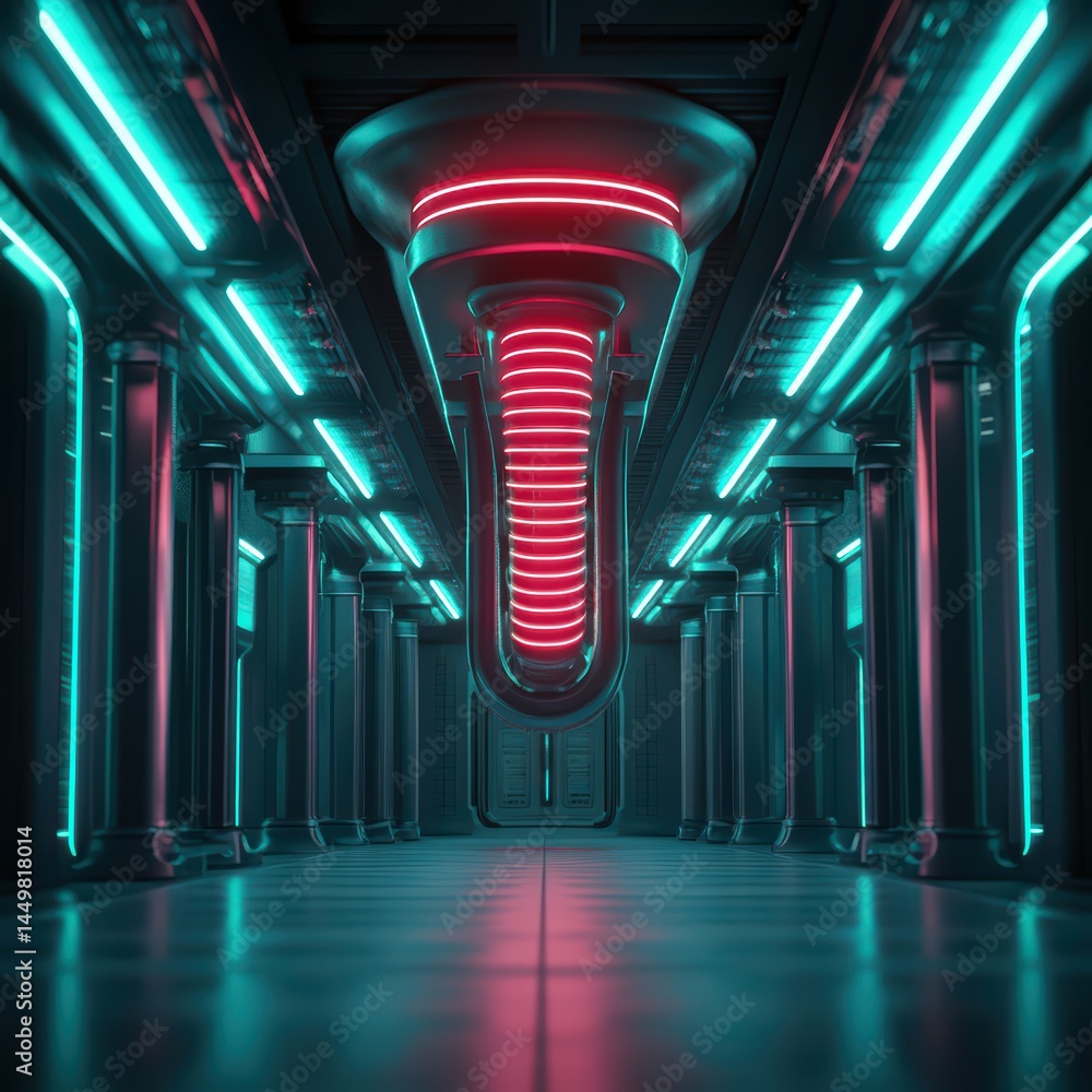 Poster futuristic corridor with neon lights and glowing architecture in a sci-fi environment
