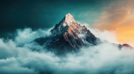 Majestic Mountain Peak Surrounded by Cloudy Skies at Sunrise