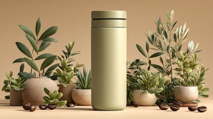 Minimalist Green Thermos Surrounded by Lush Plants and Coffee Beans on Beige Background