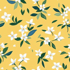 Floral Pattern with White Blossoms and Green Leaves on Yellow Background.