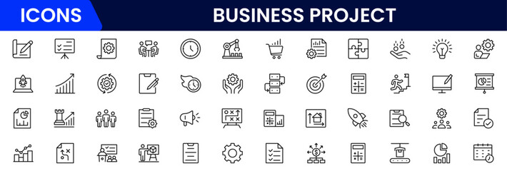 Business set of web icons in linear style. Business Project icons for web and mobile apps. Business, organisation management, planning, project, startup, marketing, teamwork. Vector illustration